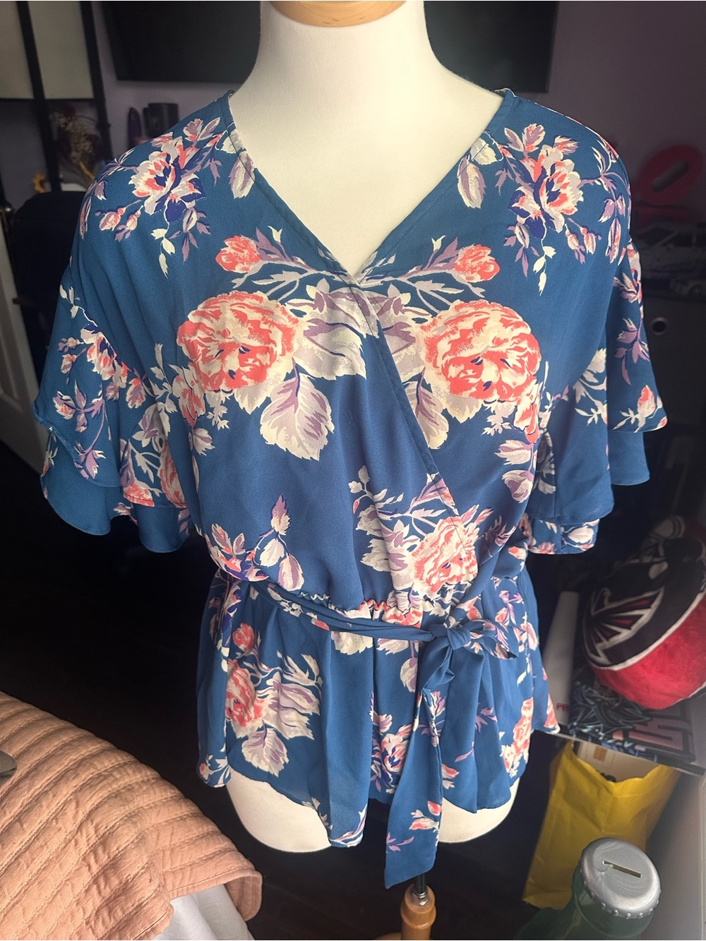 Floral Wrap Peplum Blouse - Blue with Coral Flowers